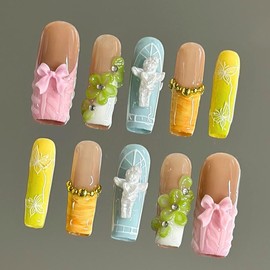 NailVesta DreamWear Collection – 100% Handcrafted 3D Press-On Nails | Reusable, Long-Lasting, Salon-Quality:_Pastel Meadow_M