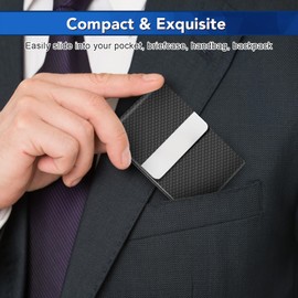 DMFLY DMFLY Business Card Holder, Metal Slim Business Card Case, Pocket Card Holder for Women or Men, PU Leather Business Card Holder Case RFID Blocking Name Card Holder with Magnetic Closure, Black Carbon