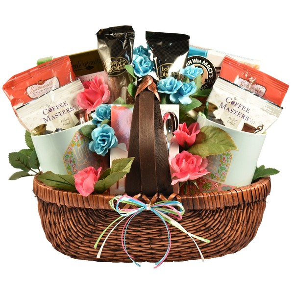 A Happy Home, Gift Basket Filled with Delicious Coffees, Teas and Sweets, along with Two 16oz Ceramic Coffee Mugs. Great Gift for the New Homeowners