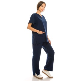 Banhada 7-Pocket V-Neck Top Medical Scrubs Set for Woman - 4 Way Stretch, Comfort, Light Weight Navy, XS