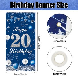 20th Birthday Banner Blue Silver, 20 Year Birthday Decoration Door Background for Boy Girl, Large Fabric 20th Birthday Party Decoration Door Banner for Table Wall Decoration, 180 x 90 cm