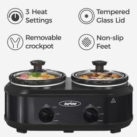 Sunvivi Dual Slow Cooker, Buffet Server & Warmer with 2 Removable Ceramic Pots, 3 Adjustable Temp Settings & 2 Visible Glass Lids, Stainless Steel, 2 * 1.25 Quarts Black