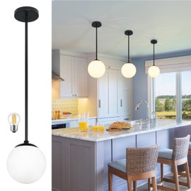 Bagood 6 Inch Globe Pendant Light Black Mid Century Modern Light Fixture Mid Century Pendant Light Milk Glass Pendant Light Matte Black Finished with Milk Glass Lampshade for Kitchen Island
