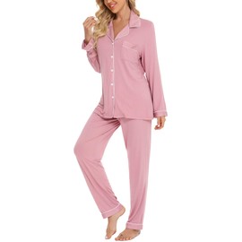 Senert Pajamas Women's Long Sleeve Sleepwear Soft Button Down Loungewear Pjs Set Nightwear Bean Paste Medium