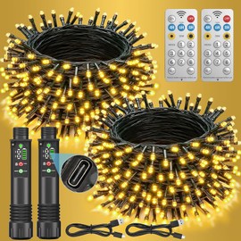 Soiarllt Rechargeable String Lights, 2-Pack Total 66ft 200LED Rechargeable Fairy Lights with Remote, Timer, IP65 Waterproof Portable Camping Lights for Tent, Patio, Bedroom, Outdoor Decor(Warm White)