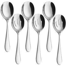 Large Serving Spoons Set - 6 Piece Stainless Steel Utensils With 3 Regular and 3 Slotted Spoons for Buffet, Catering, Party, Banquet - Dishwasher Safe