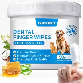 Tzqpokut Dental Care Finger Wipes Dogs/Cats Reduces Plaque & Fresh Breath Teeth, 50ct