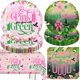 Pink and Green Witch Party Decorations Tableware 41Pcs Movie Themed Birthday Party Supplies Include 10pcs Pink Plates 10pcs Green Plates 20pcs Napkins and 1pcs Waterproof Tablecloth