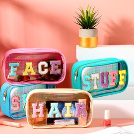 4 Pieces Chenille Letter Cosmetic Bag Set Nylon PVC Clear Waterproof Makeup Pouch Preppy Patch Travel Bag Zipper Multi Purpose Preppy Toiletry Organizer for Women Girls, Gym Travel Beach (Multicolor)
