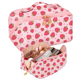 Bistup Makeup Bag Travel Cosmetic Bag Toiletry Make Up Bags Cute Women Large Capacity Big Medium Leather Strawberry Portable Teen Girls Teenage Kawaii Square Foldable Expandable Compact Open Flat Zip