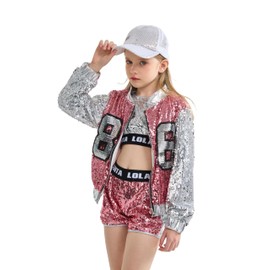 LOLANTA 4 Pieces Girls Hip Hop Dance Costume Kids Sequins Jazz Dance Clothing Set Socks Attached 4-15 Years, pink