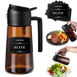 LAKUMIQI 2-in-1 Glass Oil Dispenser & Sprayer - 16oz/470ml Leakproof Olive Oil Sprayer Bottle for Cooking, Air Fryer, BBQ, Baking, Salad (Black)