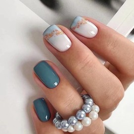 French Tip Press On Nails Fake Nails Short Square with Blue White Art Gradient Designs Glossy Acrylic False Nails Short Square Glue on Nails Full Cover Thick Stick on Nails for Women Girls 24Pcs DY1216-B7