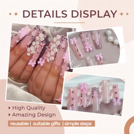 Long Square Press on Nails Pink French Tip Fake Nails Sparkly False Nails with Flower Rhinestone Design Glue on Nails 3D Embossed Flowers Artificial Nails Cute Bow Stick on Nails for Women 24Pcs