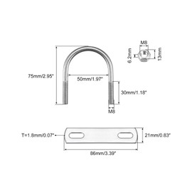 sourcing map Round U-Bolts, 6 Sets 50mm(1.97") Inner Width 75mm Length M8 304 Stainless Steel U Clamp Bolt with Nuts and Plates, for Boat Trailer