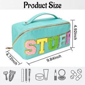 Large Nylon Make Up Bag Chenille Letter Patch Preppy Makeup Bag Large Capacity Travel Cosmetic Bag Flat Stuff Make Up Bag Organizer with Handle Portable Beauty Toiletry Bags (Green)