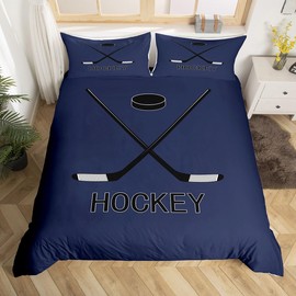 Ice Hockey Bedding Set For Boys, Ice Hockey Stick Comforter Cover Twin Size Winter Sports Games Duvet Cover Puck Soft Microfiber Bedspread Cover For Kids Teens Adult Bedroom Decor, Dark Blue