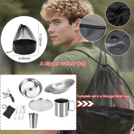 Compact Camping Mess Kit for 1 Person, Reusable Camping Dish Set, Polished 304 Stainless Steel Complete Camping Cups Plates and Bowls Set with Mesh Bag for Backpacking, Hiking