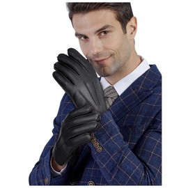 FIORETTO Mens Chrome-free Leather Driving Gloves with Imitation Lamb Wool Lined Touchscreen Sheepskin Winter Warm Gloves Black Medium