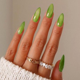 24Pcs Almond Press on Nails Medium Fake Nails RUPOFUZA Glossy False Nails with Green Cat Eye Press ons Designs Acrylic Nails Press on Artificial Nails Stick on Nails for Women