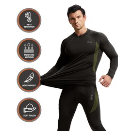 CL convallaria Thermal Underwear for Men with Fly, Long Johns Winter Hunting Gear Sport Base Layer Top and Bottom Set Midweight -Crew Neck-Black-L