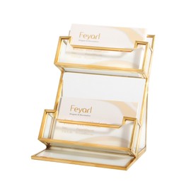 Feyarl Gold Glass Business Card Holder Horizontal Business Card Stand for Women Desktop Name Card Display Stand Card Display Organizer Storage for Office Desktop Meeting Exhibition Store (2 Slots)