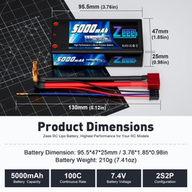 Zeee 2S Shorty Lipo Battery 5000mAh 7.4V 100C Hard Case with 4mm Bullet to Deans Connector for RC 1/10 Scale Vehicles Car Trucks Boats RC Models
