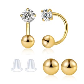 8mm Small Half Hoop Huggie Earrings for Women Teen Girls with Ball Screw Back, 3mm CZ Open Hoop Earrings Cartilage Helix Piercing Ball Screw Backs (Gold)