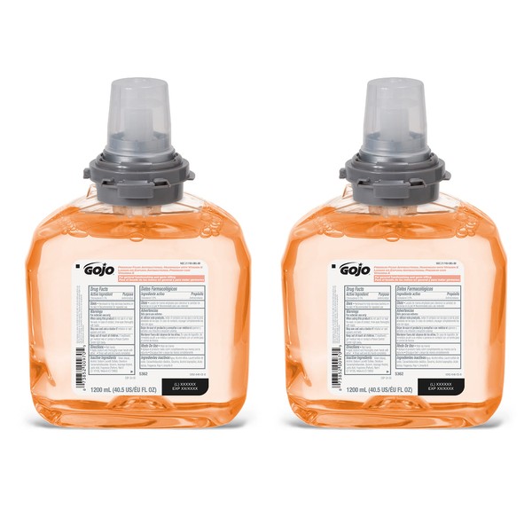 Gojo TFX Premium Foam Antibacterial Handwash, Fresh Fruit Scent, 1200 mL Foam Hand Soap Refills TFX Touch-Free Dispenser (Pack of 2) - 5362-02