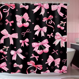 LIGHTINHOME Pink Black Bow Shower Curtain 72Wx72H Inches Cherry Girly Preppy Modern Fruit Pretty Sweet Aesthetic for Girls Teens Cloth Fabric Waterproof Polyester Bathroom Home Decor Set with Hooks
