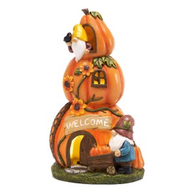 TERESA'S COLLECTIONS Autumn Decorations, Lovely Fairy Orange Pumpkins House Ornaments with Solar Lights, Waterproof Resin Garden Ornaments Outdoor, Fairy House Fall Gifts Indoor/Outdoor 18CM