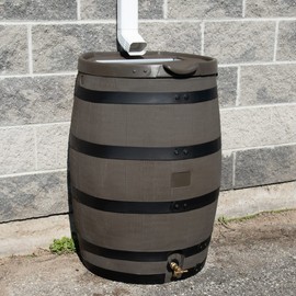 RTS Home Accents Polyethylene Premium Flat Back Rain Barrel with Removable Lid, 55 Gallon, Woodgrain with Black Stripes