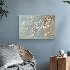 ARTISTIC PATH Flower Tree Canvas Wall Art: White Floral Picture Rustic Plum Blossom Painting Vintage Natuer Landscape Artwork for Living Room Bedroom Home Decor
