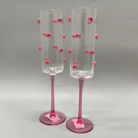 Pink Bow New PINK BOW w/Gem Heart CHAMPAGNE FLUTES Glasses Valentines SET OF 2