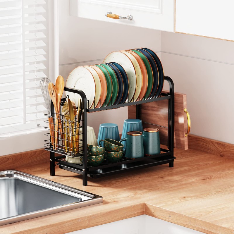 GSlife Dish Drying Rack, 2 Tier Rust-Resistant Dish Rack with
