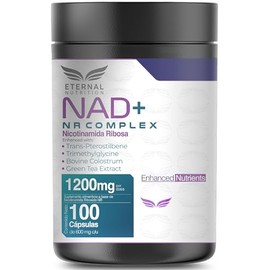 ETERNAL NUTRITION NAD+ NR Complex: Nicotinamida Ribósida NR (100 Caps) | NR, Trans-Pterostilbeno y Calostro Bovino · 50 Porciones · 1200 mg · Producción de NAD+, Energía y Longevidad Celular