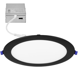 Maxxima 8 in. 5CCT Round Recessed LED Downlight, 1400 Lumens Slim Round Flat Panel Color Selectable (2700K/3000K/3500K/4000K/5000K), Dimmable, Canless IC Rated, Black Trim, J-Box Include