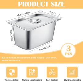 Bocguy Breading Bowls Set of 3, GN 1/9 Container, Breading Tray, Gastronorm Container, Stainless Steel with Lid, Dishwasher, Freezer for Cheese, Meat, Silver, 17.5 x 11 x 10 cm