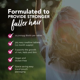 Biotin Hair Growth Supplement - 1 Year Supply High Strength Biotin 10,000mcg Per Tablet, Hair Skin and Nails Vitamins for Women & Men, 365 Vegan Biotin Tablets - Easy to Swallow UK Made Hair Vitamins