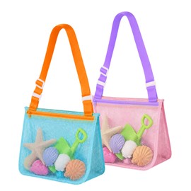 Shell Bags for Beach, Seashell Collecting Bag with Adjustable Shoulder Straps and Zippers, 2 Pcs Mesh Beach Bags for Shells, Swimming Accessories for Boys and Girls