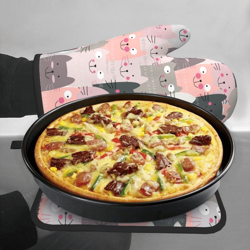 Oplp Funny Pink Cute Cats Oven Mitts and Pot Holders