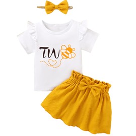 Aslaylme Baby Girl Two Year Old Birthday Outfit Toddler 2nd Birthday Clothes Second Birthday Bee Skirt Set (Yellow-Bee,2 T)