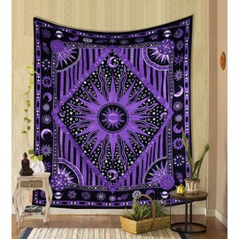 THE ART BOX Indie Wandteppich Baumwolle Mandala Wandbehang Deko Teppich Aesthetic Room Decor Dekoration Wohnzimmer Indische Tücher Schlafzimmer Deko, Violett, 135x160 Cm