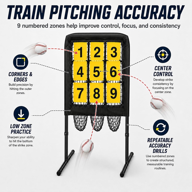 Malletra 9 Hole Baseball Pitching Net with Pitching Target, Adjustable