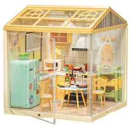Miniature House Kit Meals Kitchen, DIY Plastic House Building Toy Set with Roof &2 Doors, Mini Dollhouse Kit with LED for Mini Figures Construction Toys Diorama Kit Gifts for Teens Adults