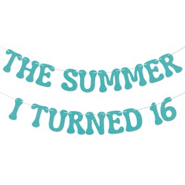 The Summer I Turned 16 Banner - Happy Sweet 16 Sign, Cheers to 16 Years, Summer Beach 16th Birthday Party Decorations Blue Glitter