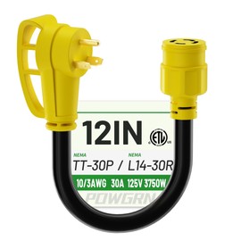 POWGRN 30 Amp to 30 Amp RV Generator Adapter Cord 1FT(12 Inch), NEMA TT-30 Male Plug to NEMA L14-30 Female Plug, 3 Prong Heavy Duty Power Cord, 10 Gauge STW, 30 Amp 125V/250V, Black-Yellow, ETL Listed