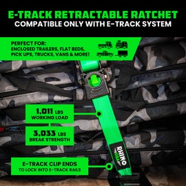 Rhino USA E Track Retractable Ratchet Tie Down Straps - 3033lb BreakStrength - Only for E Track Rail Systems. 4 Premium 2" x10' eTrack Tie Downs-Heavy Duty eTrack Cargo Strap System for Trailer-Green