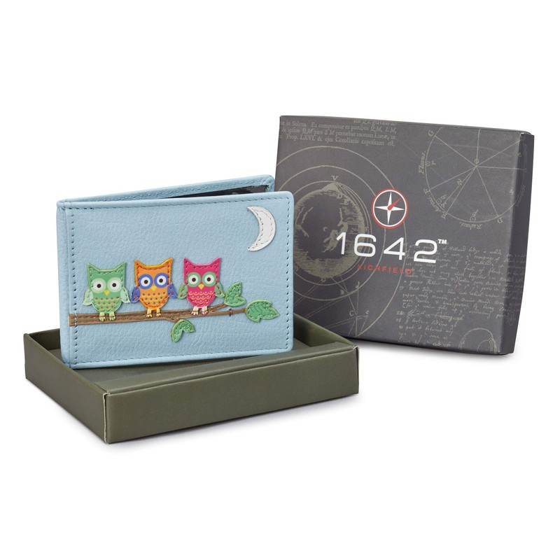 Yoshi Owl Applique Leather Oyster Card/Travel Pass Holder (Blue)
