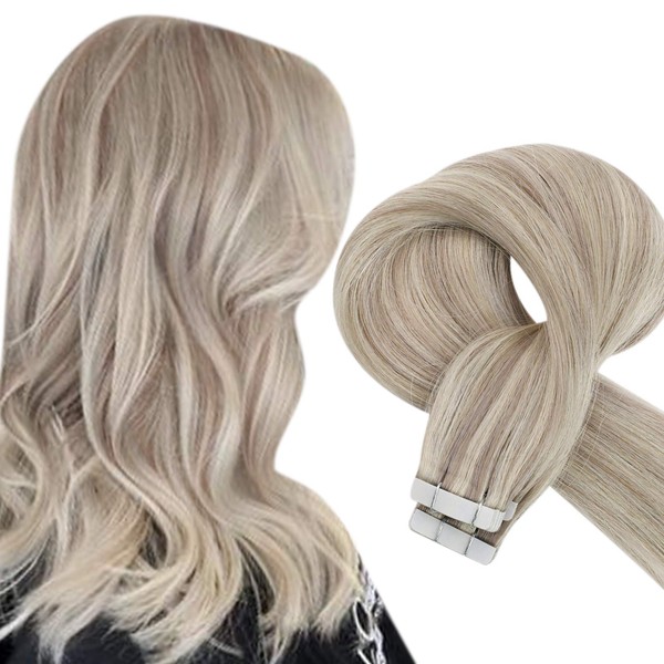 Sunny Hair Extensions Tape in Dirty Blonde Highlights Platinum Blonde Tape on Hair Extensions Invisible Tape in Extensions Real Human Hair Blonde Remy Straight 16inch 50g 20pcs